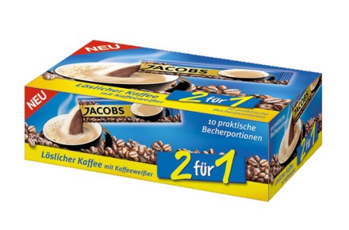 Jacobs 2 für 1 Löslicher Kaffee mit KaffeeweißYer 10 praktische Becher-Portionen, (10 x 14g) 140 g