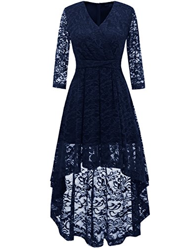 DRESSTELLS Abendkleider elegant Cocktailkleid Unregelmässig Spitzenkleid Vokuhila Floral Kleid Navy XL
