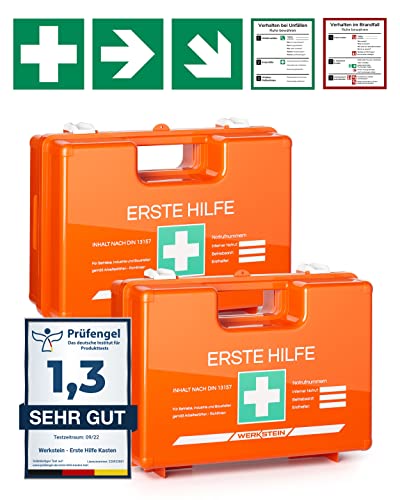 2x Erste Hilfe Kasten mit Inhalt nach neuer DIN 13157:2021 I Inkl. praktischer Wandhalterung, 5x Aufkleber & Plombe I Erste Hilfe Koffer für Betriebe, Einrichtungen & Zuhause