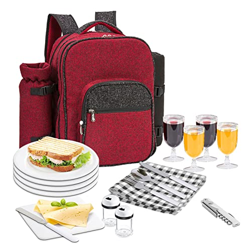 Picknick-Rucksack für 4 Personen mit Kühlfach, abnehmbarem Weinhalter, Fleecedecke, Tellern und Besteckset für Outdoor-Aktivitäten mit der Familie (rot)