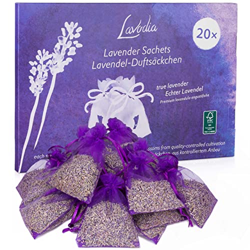 LAVODIA Lavendel Duftsäckchen Kleiderschrank: 20x6g Duftsäckchen Lavendel getrocknet – Mottenschutz für Kleiderschrank, Auto Duft, Raumduft – Lavendel getrocknet – Lavendelsäckchen