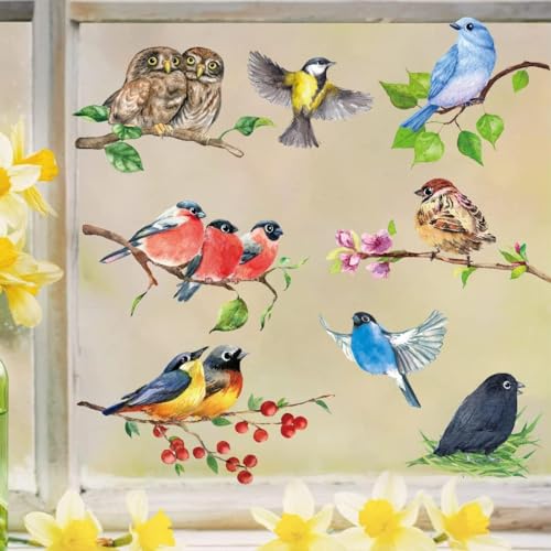 HPNIUB Fensterbilder Frühling Selbstklebend,Fensterbilder Kinderzimmer,Fensterbilder Vögel,Wandtattoo für Fensterscheiben,Vogel Aufkleber Fenster,Fensteraufkleber Vögel Wiederverwendbar für Wohnzimmer