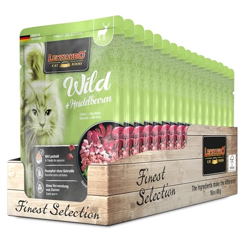 Leonardo Frischebeutel [16x85g Wild + Blueberry] | Getreidefreies Nassfutter für Katzen | Feuchtfutter Alleinfutter im Einzelportionsbeutel
