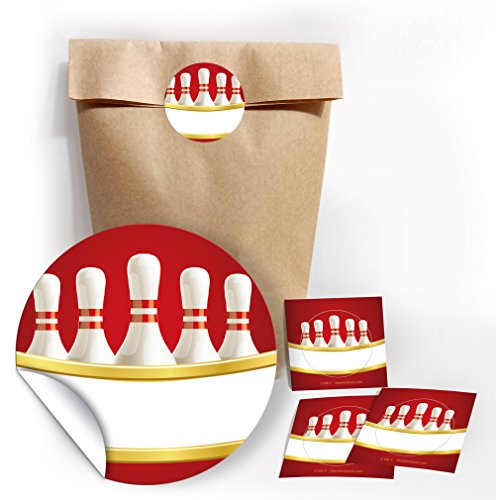 12 Geschenktüten / Natur + 12 Aufkleber Bowling Party-Tüten für Gastgeschenk Mitgebsel bei Kindergeburtstag Mädchen Jungen Erwachsene