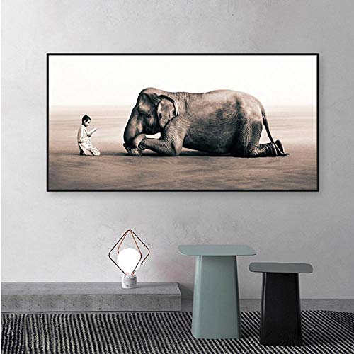 LLXHG Große Größe Frommer Buddhismus Mönch Und Elefant Leinwand Malerei Asche Und Schnee Poster Religiöse Print Wandkunst Bild Wohnzimmer-60X120Cm Kein Rahmen