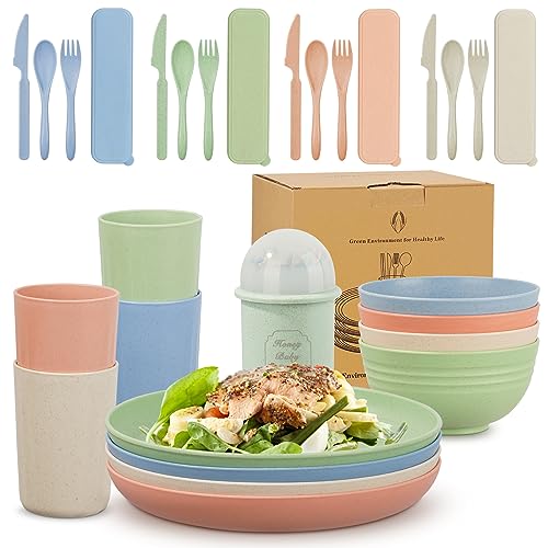 40 Teiliges Camping Geschirr Set, Unzerbrechliches Picknickgeschirr Tafelservice für 4 Personen, Geschirrsets aus Kunststoff, Leicht Plastikgeschirr mit Tellerset, Schüssel, Becher, Besteck Set