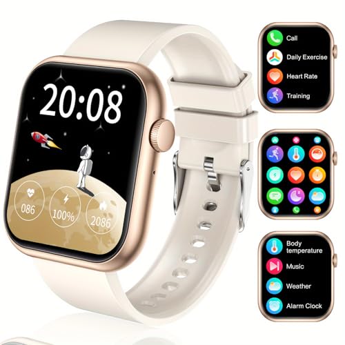 Smartwatch Damen Herren, 2.0 Zoll HD-Display Smart Watch mit Bluetooth Anrufe, Fitness Tracker mit Herzfrequenz SpO2 Schlafmonitor Schrittzähler, IP68 Wasserdicht Fitnessuhr für Android iOS (Beige)