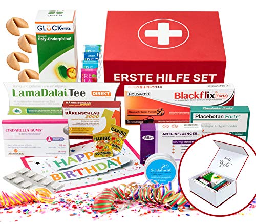 Witzige Erste Hilfe Set Geschenk-Box | lustiges Geburtstagsgeschenk für Männer und Frauen | 10-teilig | Spaßgeschenk Sanikasten mit hochwertiger Magnetbox | Geschenkset inklusive Geburtstagskarte
