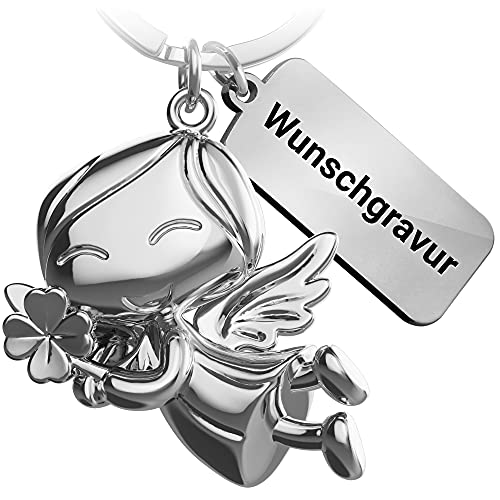 FABACH Schutzengel Schlüsselanhänger Lucky mit Wunschgravur - Kleeblatt Glücksengel aus Metall mit personalisierter Gravur - Glücksbringer Auto Engel Anhänger - Viel Glück Geschenk Wunschtext