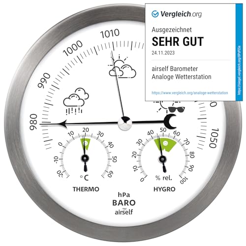 Wetterstation analog aus Edelstahl mit Barometer, Thermometer und Hygrometer für innen und außen