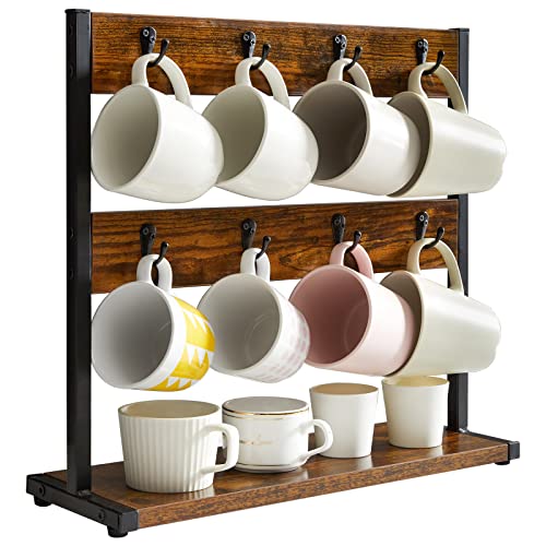 IBUYKE Vintage Tassenhalter mit 16 Haken, Kaffeetasse Halter für Küchentheke, Bechergestell mit Aufbewahrungsboden, für Küche Esszimmer Café 43 x 15 x 40 cm, Vintage-Braun TBJ001H
