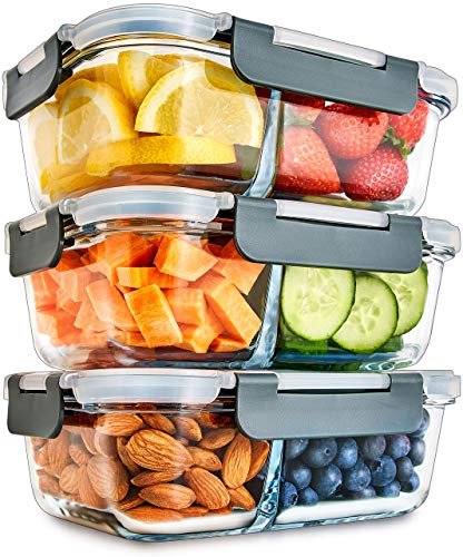 2-Fach Meal Prep Container aus Glas mit Transparentem deckel – Luftdicht Verschließbare Frischhaltedosen, BPA-Frei, Geeignet für Mikrowelle, Gefrierfach, Spülmaschine, Ofen – [3er Pack]