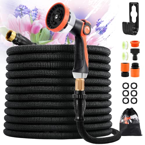 Flexibler Gartenschläuch Wasserschlauch 50FT/15M, Strapazierfähiger 4 lagiger Latex mit 10 Funktions Düse Brause Adapter aus Messing Aufhänger Bewässerung Gartenarbeit Autowäsche Hof