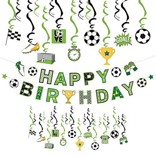 SUNBEAUTY Fussball Geburtstag Deko Kindergeburtstag Deko Jungen Happy Birthday Banner Spiralen Kindergeburtstag Partyzubehör Fußball Party Dekoration