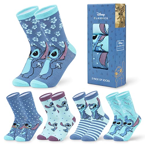 Disney Bunte Socken Damen 5er Pack Damen Socken Lustige Motive Baumwolle Geschenkset Lilo und Stitch, Winnie Pooh, Villains, Prinzessinnen(Blau Stitch, 36-40)