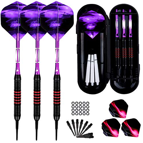 Dartpfeile mit Kunststoffspitze für Elektronische Dartscheibe 3 Stück Soft Darts Pfeile Set, 18 Gramm Profi Softdarts Dartpfeil und Extra Schafts Flights Dartspitzen Anti-Lose Gummiringe (Violett)
