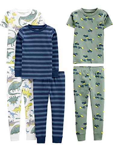 Simple Joys by Carter's Jungen 6-Piece Snug Fit Cotton Pajama Set Pyjamaset, Blau Streifen/Grün Konstruktion/Weiß Dinosaurier, 5 Jahre (3er Pack)