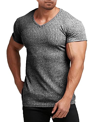 COOFANDY Herren Muskel T-Shirts Stretch Kurzarm V-Ausschnitt Bodybuilding Workout T-Shirts,Dark Grey,S