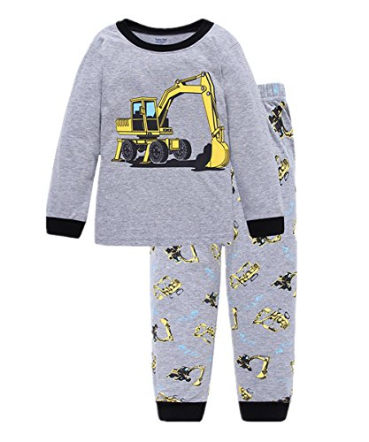 Little Hand Jungen Zweiteiliger Schlafanzug Baumwolle Lange Nachtwäsche Fahrzeug Bagger Kinder Pyjama, Grau-1, EU 104(3-4Jahre)=Tag 4Y