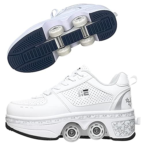HUOQILIN Unisex-Kinder Skateboard Schuhe Kinderschuhe Mit Rollen Skate Shoes Rollen Schuhe Sportschuhe Laufschuhe Sneakers Mit Rollen Kinder Jungen Mädchen,White-EU38