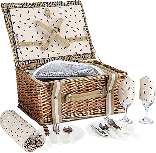 G Good GAIN Picknickkorb 2 Personen aus Weidenholz,mit Großer Isolierter Kühltasche und Wasserdichter Picknickdecke, Picknick Set Korb aus Weidengeflecht, für Camping,Outdoor,Valentinstag,Weihnachten