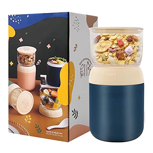 anshuke Müslibecher To Go Becher 300 + 400ML Lunchpot Joghurtbecher Kaffeebecher Auslaufsicher Suppenbehälter Plastikbecher für Kinder Büroangestellte Frühstück Arbeit Schule Picknick Reise, Blau