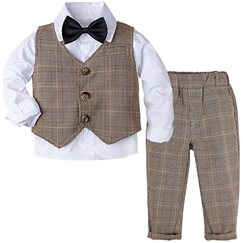 mintgreen Baby Jungen 4 Stück Gentelman Anzug Outfits Krawatte Hemd +Fliege + Weste + Hosen Kleinkinder Kleidung, Khaki Plaid, 12-18 Monate, 80