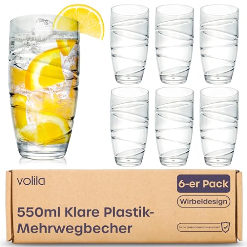 volila Arylic Plastikbecher 550ml/19oz – 6er Pack Klar Stapelbarer Trinkbecher – Wiederverwendbarer und Bruchsicherer Becher Plastik für den täglichen Gebrauch, Partys und Picknick