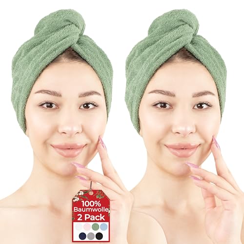 Hammetex 100% Baumwolle Haartücher Damen, 2 Stück Flaumig Schnell Saugfähig Schnelltrocknendes Haarturban Haarhandtücher mit Knopf, Salbei Grün