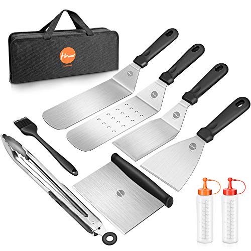 Huolewa Grillspachtel Set, Edelstahl 9 Pcs Flat-Top-Grillbesteck Set, Profi BBQ Zubehör Grillwender mit Turner-Bürstenflaschen und Tragetasche, Idee für Grillen im Freien, Teppanyaki und Camping