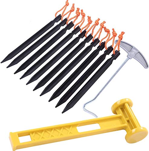 JTENG Heringe Zeltheringe Sandheringe 10 Stücke Zeltnagel mit Abspannseile Aluminium Zeltheringen & Gummihammer Zelt Camping Hammer (Black)