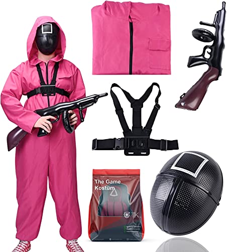 TK Gruppe Timo Klingler The Game Squid 4 in 1 Unisex - Set Kostüm mit Anzug & Gewehr & Maske - Erwachsene für Fasching & Karneval & Halloween (160-190cm)