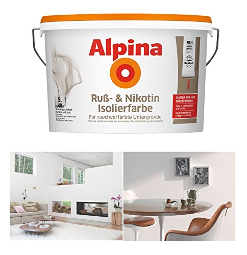 Alpina Ruß- & Nikotin Isolierfarbe, 5 Liter Weiß Matt Rußflecken, Nikotinflecken