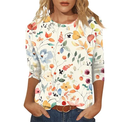 Blusenshirt Damen 3/4 Arm Dreiviertel äRmel Shirt Rundhals Ärmel Tunika Casual Bedruckte Oberteile Tops für Sommer und Frühling Baumwolle XL