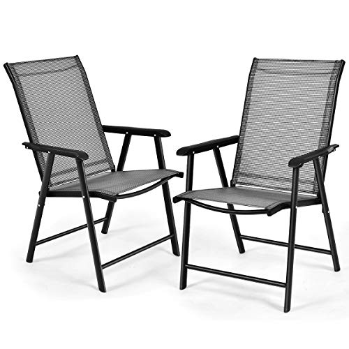RELAX4LIFE 2er Klappstuhl, Gartenstuhl mit Rücken- & Armlehnen, robuster Campingstuhl für Garten & Balkon & Terrasse, Balkonstuhl mit atmungsaktiver Sitzfläche, bis zu 150 kg belastbar, schwarz+grau