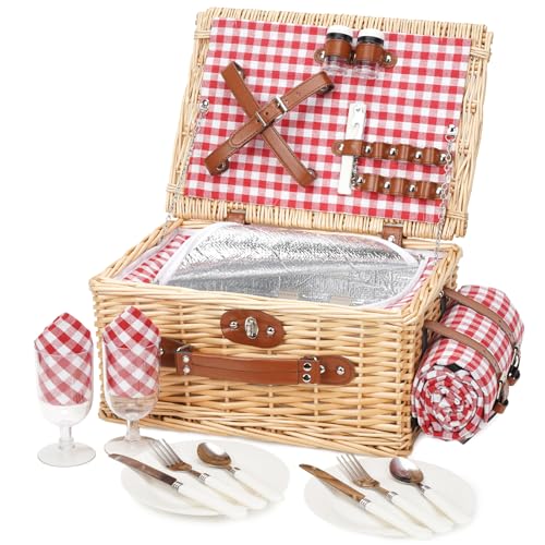 Picknickkorb für 2 Personen, Picknickkorb-Set mit Kühlfach und wasserdichte Picknickdecke, Besteck Set, Handgefertigtes Weidenkorb Picknick Korb Geschenk für Camping, Strand, Wandern (RotCheck)
