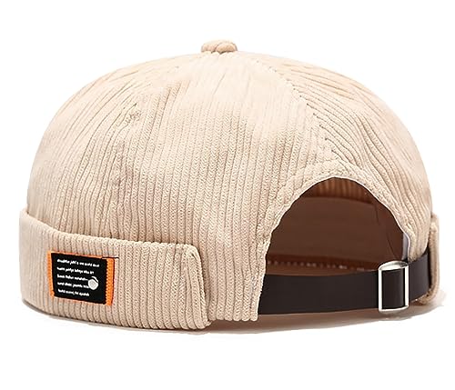 XYIYI Beige Herren Cordmütze Dockermütze Brimless Hat Schädelkappe Arbeiter Matrosenmütze Gerollte Manschette Retro Beanie Mütze