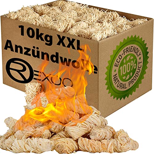 REXOO 10kg Bio Kaminanzünder Anzünder Holzwolle Anzündwolle Grillanzünder Feueranzünder Anzündhilfe Wachs Öko (Grill-, Kamin- & Ofenanzünder) - umweltfreundlich