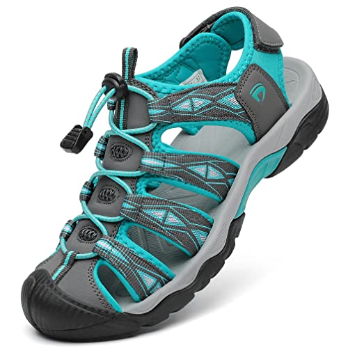 DANNTO Sportsandalen Damen Trekking Sandalen Outdoorsandale Geschlossene Gummi Wandersandalen Sommer für Reisen（Grau blau,38）