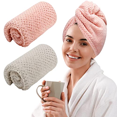 Pruhofan Haarturban Mikrofaser - Schnelltrocknendes Handtuch Mit Knopf für Alle Haartypen - 2 Stück