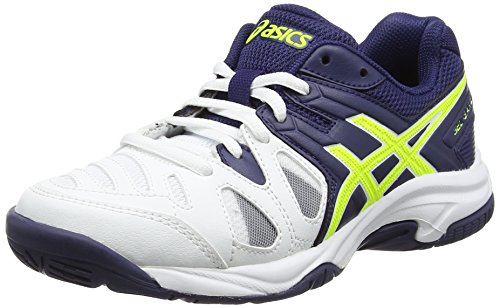 Asics Unisex-Kinder Gel-Game 5 GS Tennisschuhe, Weiß (White/Indigo Blue/Safety Yellow), 35 EU