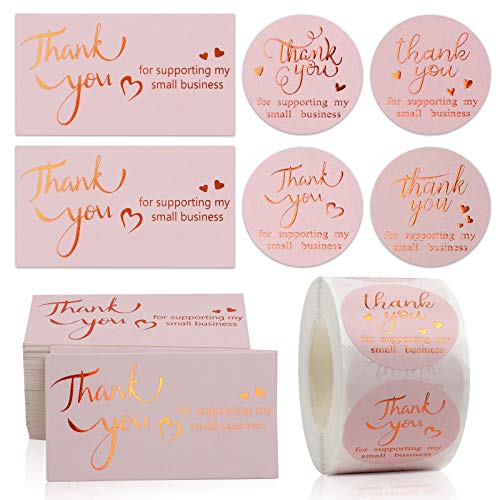 Dankeskarten und Aufklebe, 100 Stück 5X9CM Goldfolie Thank You for Supporting My Small Business Karte 500 Stück 1.5” Danke Etiketten Stickers für E-commerce Online Retail Verpackung Inserts Dekoration