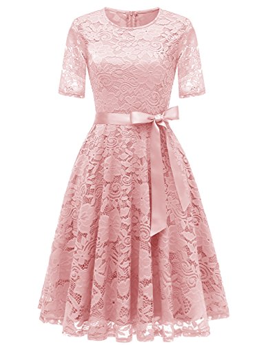 DRESSTELLS Damen Rundausschnitt Brautjungfernkleid Rosa Abendkleid Kurz Spizten Cocktailkleid Knielang Blush M
