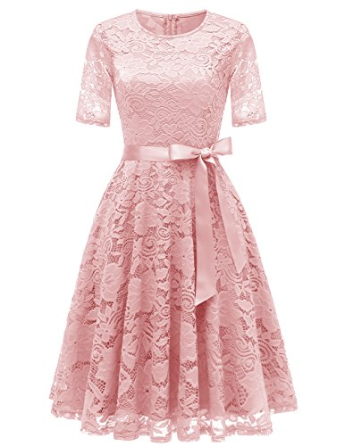 DRESSTELLS Damen Rundausschnitt Brautjungfernkleid Rosa Abendkleid Kurz Spizten Cocktailkleid Knielang Blush L
