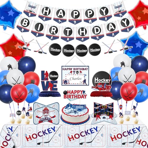Hockey Dekorationen - Happy Birthday Banner, Tischdecke, Tischaufsteller, Cake Toppers, Ballons für Kindergeburtstag und Sport Party