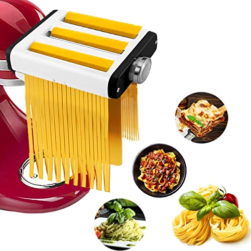 Assiduous 3 in 1 Blätter und Spaghetti, Nudelaufsatz Set für KitchenAid aus Edelstahl,inklusive Nudelblattroller, Spaghettischneider, Fettuccine Schneider Cutter