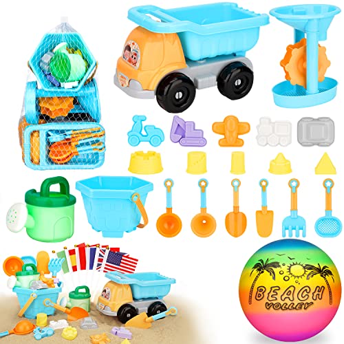 AstarX 30 Stück Sandspielzeug Set für Junge mädchen, Strandspielzeug Set mit Wasserball, Sandrad, Lastwagen, Sandformen, Eimer, Gießkanne, Sandschaufel, Kinder Sandkasten Spielzeug mit Netzbeutel
