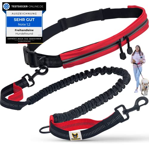 Hundefreund Joggingleine mit Bauchgurt Rot | Laufleine Elastisch Ruckdämpfend Reflektierend für mittelgroße und große Hunde bis 70 kg | Freie Hände zum Joggen Laufen Radfahren Wandern