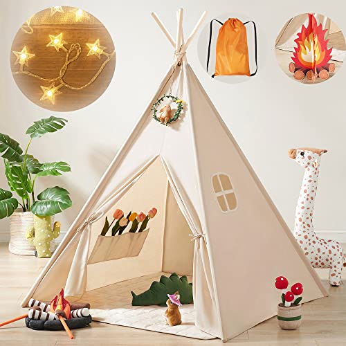 Tiny Land Tipi Zelt für Kinder mit Lichtern & Tragetasche, Natürliche Baumwolle Spiel-Zelt für Mädchen & Jungen, Spielzeug für 3,4,5 Jahre alte Kinder & Hund, Indoor Outdoor Spielhaus für Kleinkinder