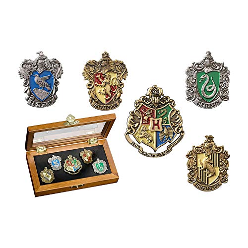 The Noble Collection Hogwarts House Pins by Set of 5 Metal, Hand-Enamelled House Pin Badges Supplied in a Wooden Display Case - Officially Licensed Harry Potter Movie Collectable